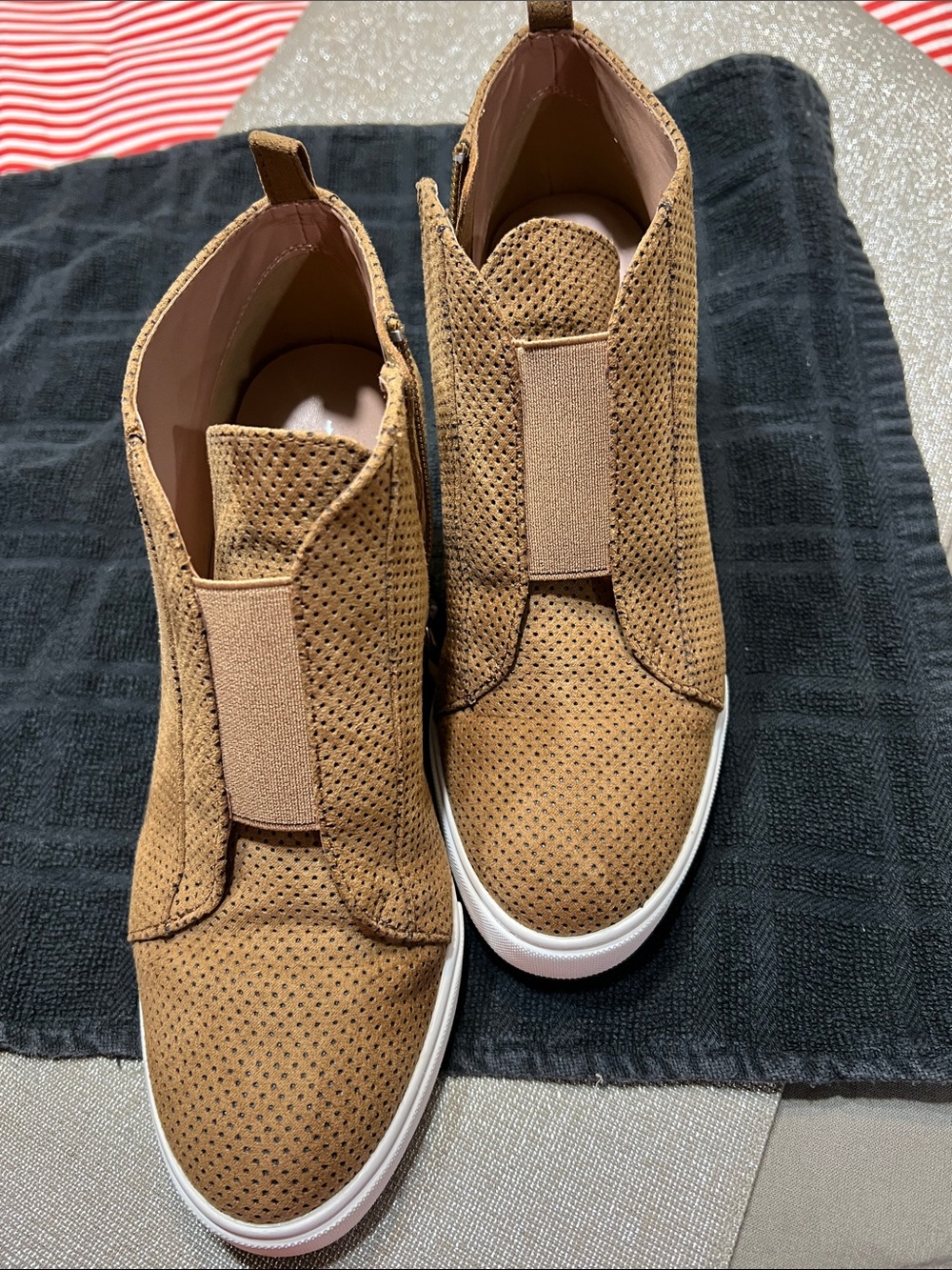 Paolo Perforated Slip-On Low Wedge Heel Loafers in Camel Brown
